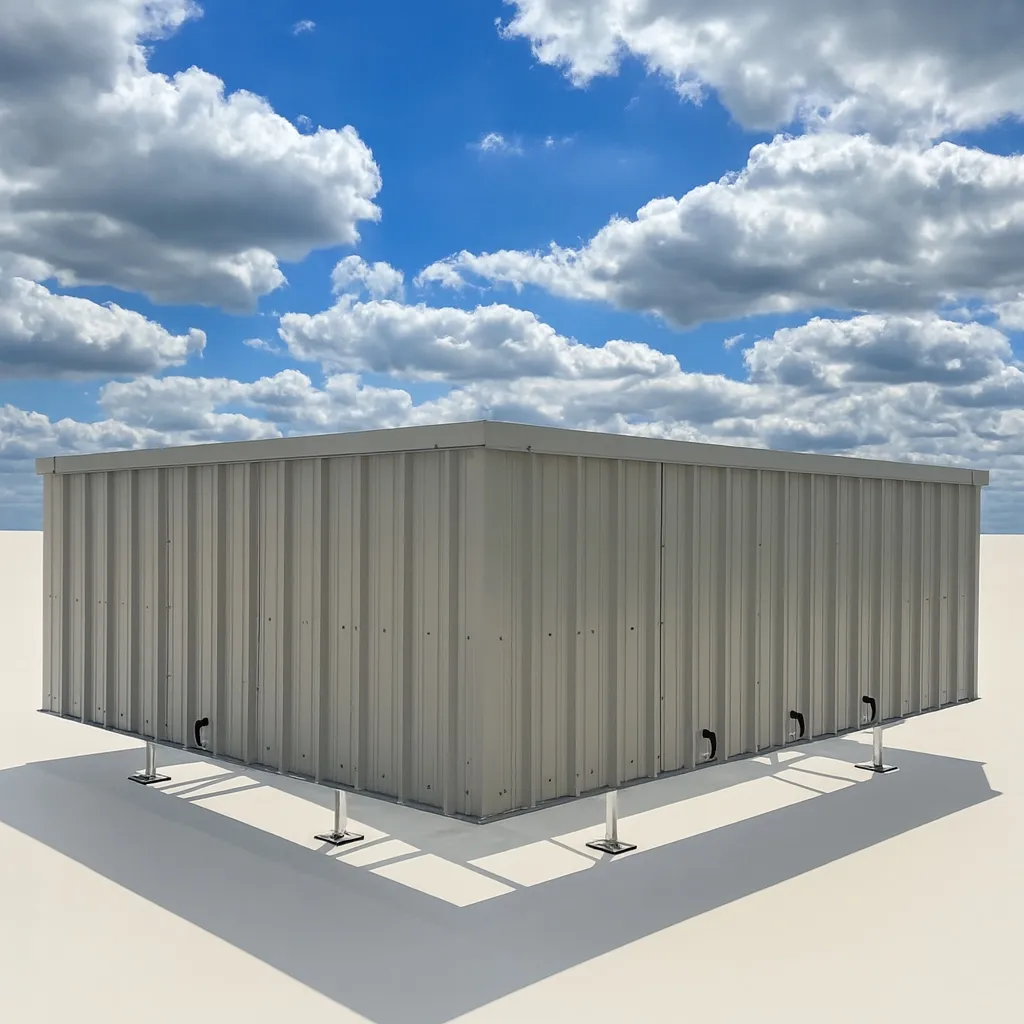 Square beige corrugated steel RTU screen enclosure on short support legs